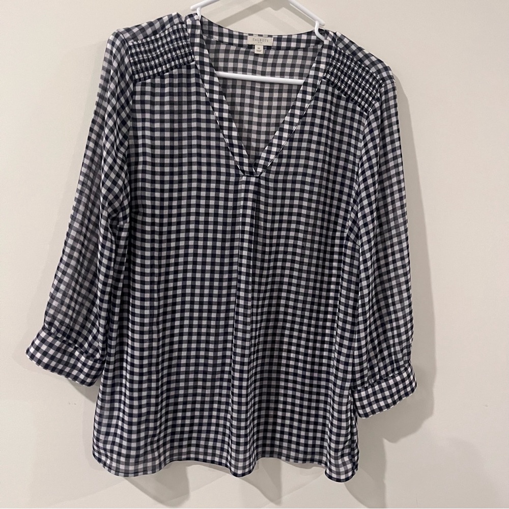 Talbots navy and White Checkered Women's v-neck top medium